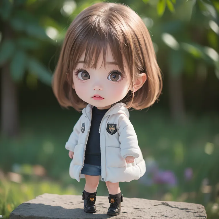 A cute doll girl with brown hair, wearing a white jacket and black skirt in a Korean style outfit, with big eyes and a short bob cut hairstyle, standing on a rock in a park, kawaii chibi style, wearing boots, in a front view close up shot, with high resolution photography, with insanely detailed style. 