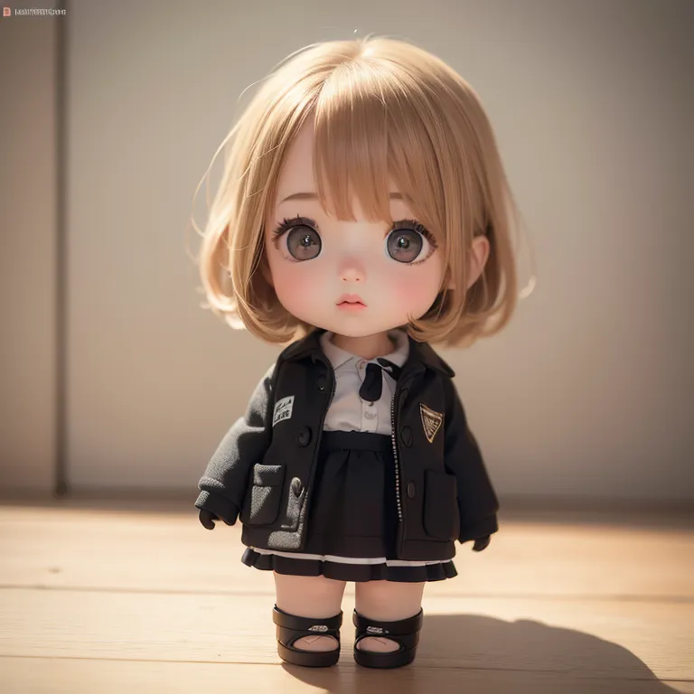 Cute girl doll with blonde hair, wearing a black jacket and skirt outfit, with big eyes, in a full body shot, in the blind box toy style and chibi style, with a c4d oc render and blender render, with soft light and shadow on the face and a clay material, with a pastel color scheme, on a solid background, with studio lighting. 