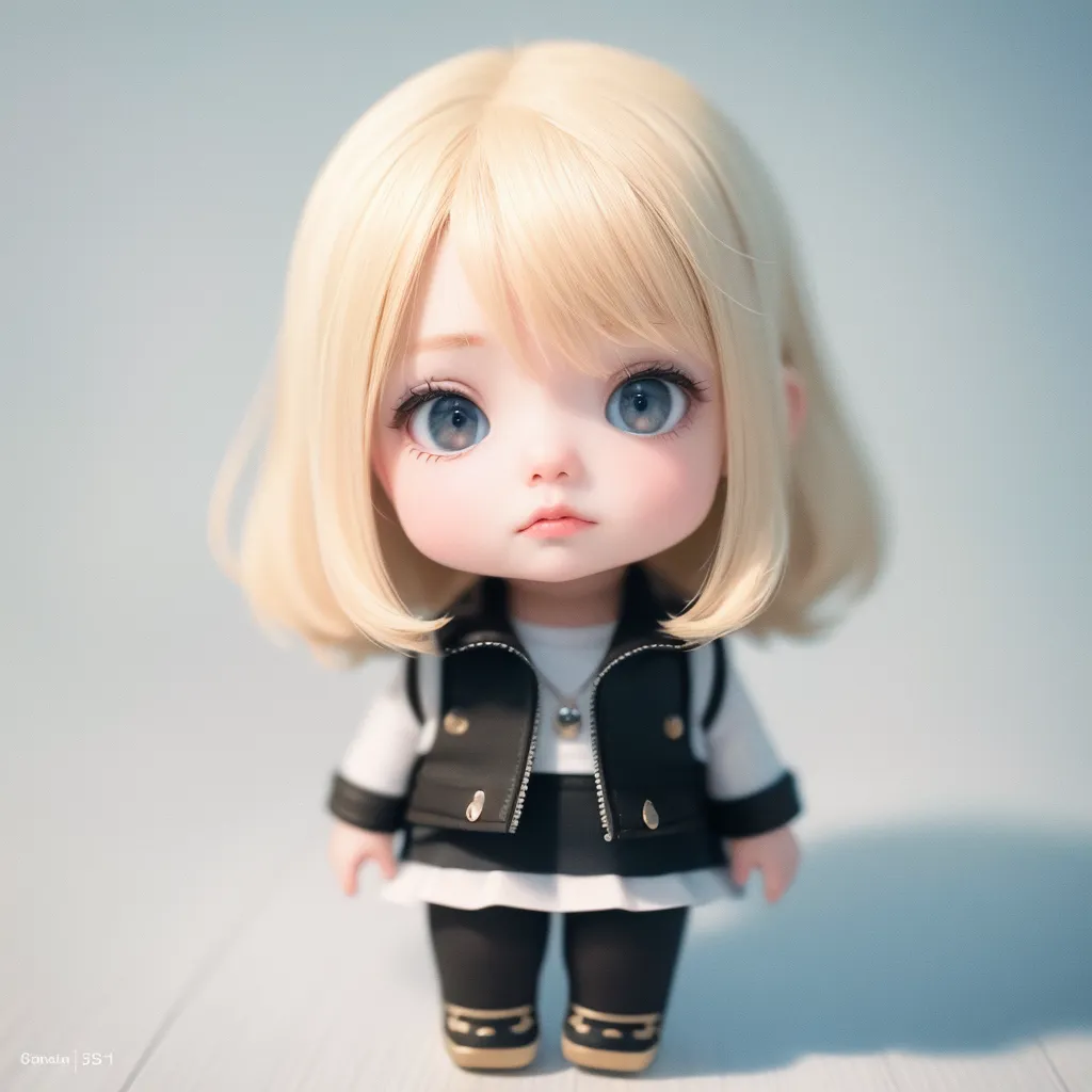 A cute blonde doll with blue eyes, wearing a black leather jacket and white t-shirt, black leggings and high heel shoes, in a chibi style, with a simple background, in the style of Kawaii toyism, in the style of [Natalia Rak](https://goo.gl/search?artist%20Natalia%20Rak), in a gongbi style, with dark beige and gray colors, in an oshare kei style, with soft lighting, and a bright color tone. 