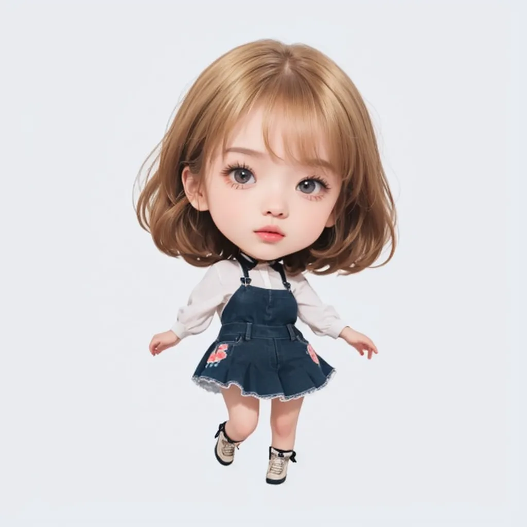 Cute girl doll with light brown hair, wearing a blue apron and white shirt, in a jumping pose, with black shoes, against a simple background, in a full body shot, against a white background, in the style of a blind box toy chibi style with cute soft lighting, with a high resolution rendering, digital art, with a cute hairstyle, and a 3d effect. 