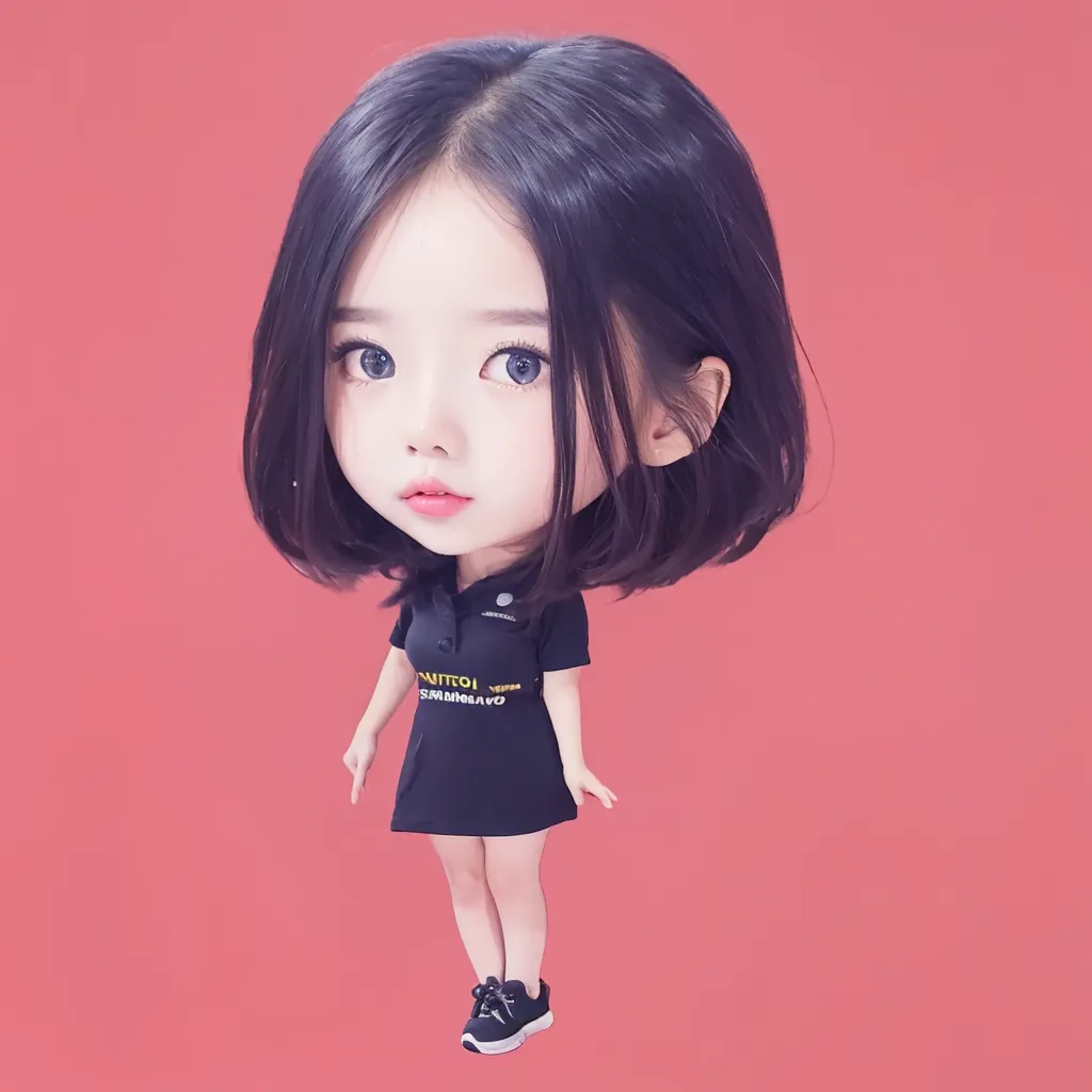 A cute Chinese girl with short hair, wearing a black polo shirt and shoes, with big eyes and a smiling expression. A full body portrait with a red background and solid color in the simple style of a chibi character design. She has a round head shape and doll face, with high definition photography and 3D rendering in the style of blender modeling. An oc render with super details. 