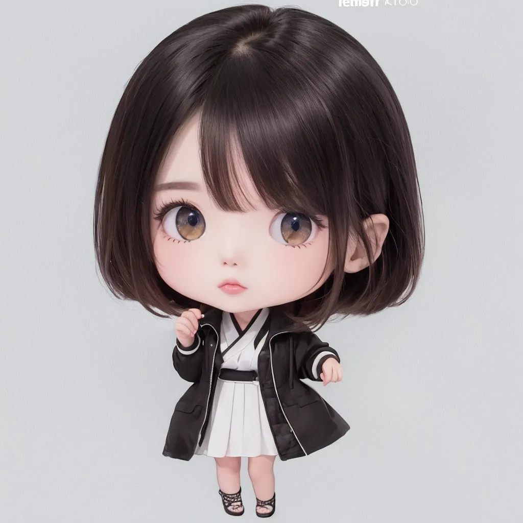 Cute Japanese girl doll, wearing a black coat and white skirt with short hair, brown eyes, cute face, high quality, full body shot, in the style of anime, simple background, blind box toy, in the style of pop mart design, 3D rendering, blender, natural light, white solid color background, 45 degree angle. 