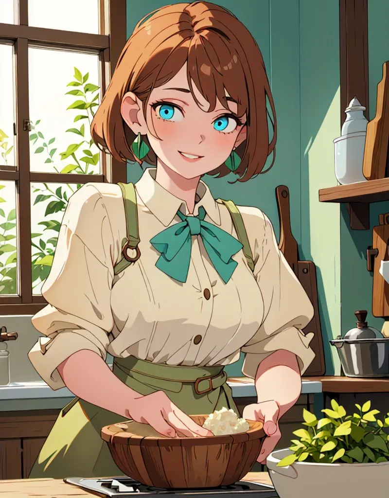 A cute girl with short brown hair and blue eyes, wearing an apron tied around her waist similar to the character Kneaded Guy from Genshin Impact is cooking rice in wooden bowls on the stove at home. She has green earrings hanging from one ear. The background of the kitchen features light teal walls and white windows. In the style of anime, full body portrait, warm colors, closeup of hands holding rice. High resolution, high quality. --ar 25:32