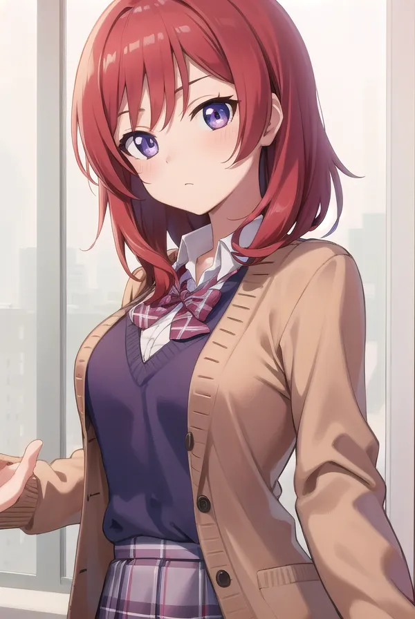 A cute red haired anime school girl in a cardigan and plaid skirt, blushing with purple eyes looking at the viewer, smiling mischievously, leaning against the window of an office building in the style of an anime artist. --ar 75:112