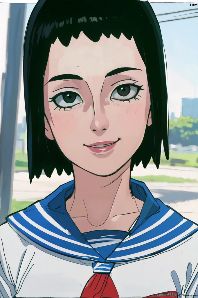 The anime features an adult girl with black hair and short straight shoulder-length hair wearing the blue and white school uniform of Japanese high school students. A closeup shot shows her smiling face in the style of [Hayao Miyazaki](https://goo.gl/search?artist%20Hayao%20Miyazaki)'s animation style. The background depicts a panoramic view of city streets in a retro, handdrawn animation style typical of Japanese cartoons. It is a flat color illustration with simple details. --ar 85:128