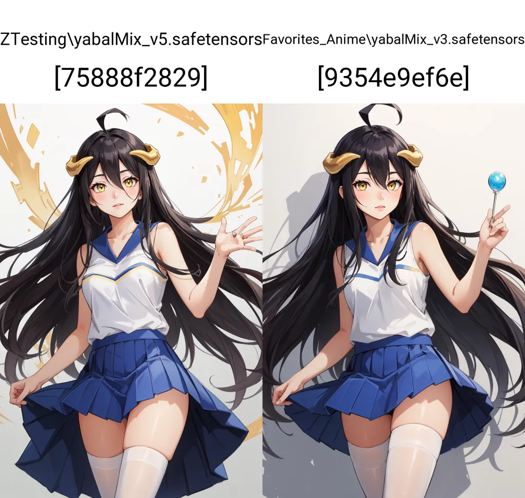 Z saturating Anime ybro seif amazing, original artwork of the same girl in both photos. The left photo shows her dressed as an anime schoolgirl with long black hair and blue skirt. She is waving at someone while holding up two fingers on one hand. In the right photo she has yellow bandana around head. Both images have text " PatiohtagX criterion mix v5" and " ridge visualizationized topips dark." bottom that says " violentoshi Couture horns " Anime" white female characters from love live! student uniform longsleeved sailor dress with high heels on feet. Cute smile with big eyes. . --ar 128:121