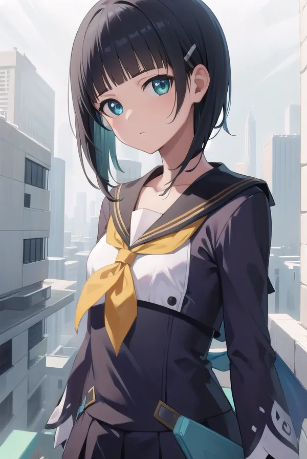 A beautiful anime schoolgirl with short black hair and blue eyes wearing an open high collar navy uniform, posing on the roof of skyscrapers against a cityscape background in the style of [Makoto Shinkai](https://goo.gl/search?artist%20Makoto%20Shinkai). She has a white shirt and yellow ribbon around her neck, capturing the anime aesthetic. It is a full body portrait shot from a distance, fully showing her figure. --ar 75:112