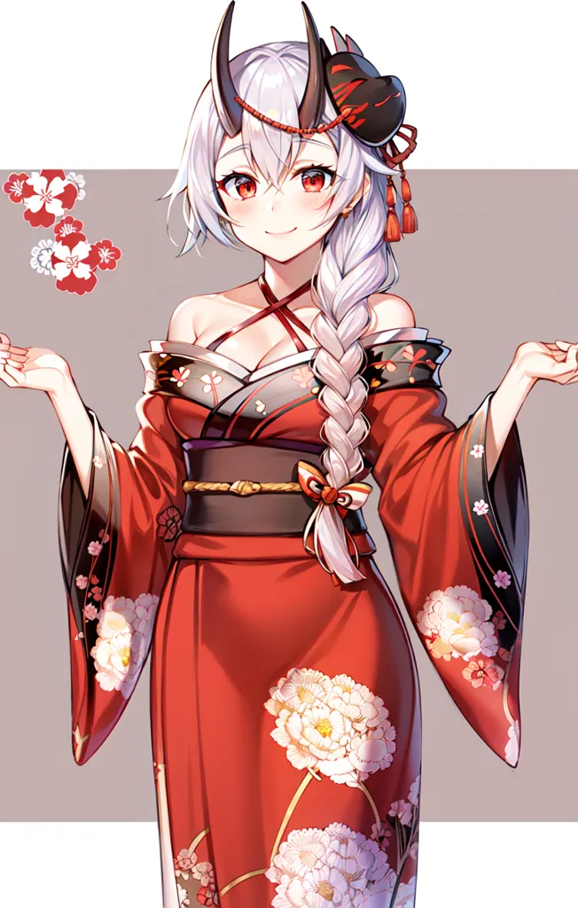 [Kawacy](https://goo.gl/search?artist%20Kawacy) style, Japanese anime character design, full body shot, white hair with long braid and demon horns on the head, wearing a red kimono decorated with flowers, holding hands out to the sides, smiling expression, bright eyes, high quality, high resolution, high details, colorful cartoon style, fullbody portrait, simple background. --ar 81:128