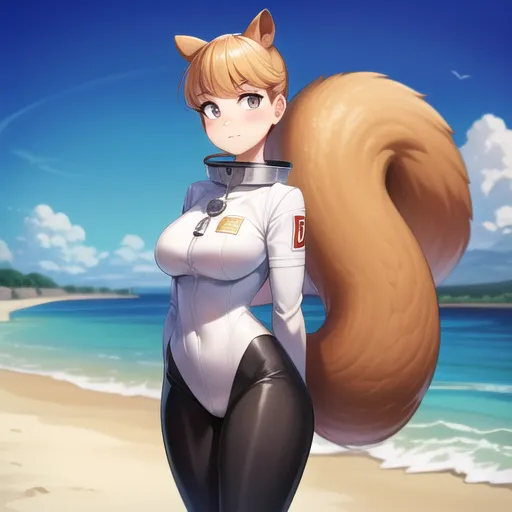 anime girl with big bushy tail wearing tight space suit on beach, cute squirrel ears, character design by [Akihiko Yoshida](https://goo.gl/search?artist%20Akihiko%20Yoshida) and Kienan Lafferty, large tummy 