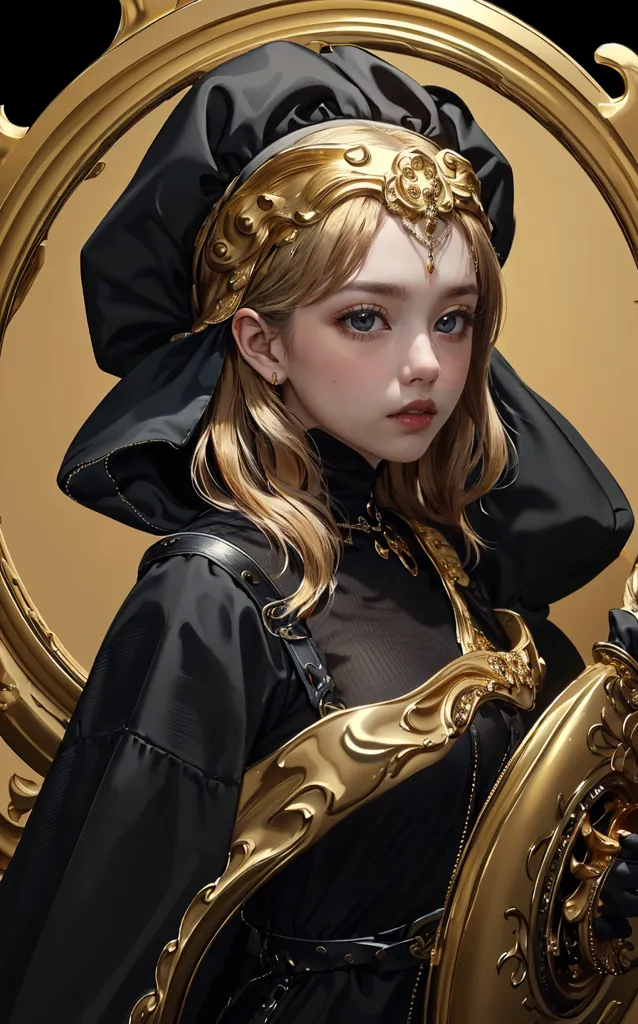 3D anime style, black and gold uniform background, cartoon character design in the style of [Artgerm](https://goo.gl/search?artist%20Artgerm), Hsiao Ron Cheng, [Krenz Cushart](https://goo.gl/search?artist%20Krenz%20Cushart), pixiv contest winner, victorian era headwear, full body portrait of an adorable blonde girl with blue eyes wearing royal cloak holding shield in front of golden mirror, charming illustrations, anime aesthetic, pastel colors, ultradetailed --ar 79:128