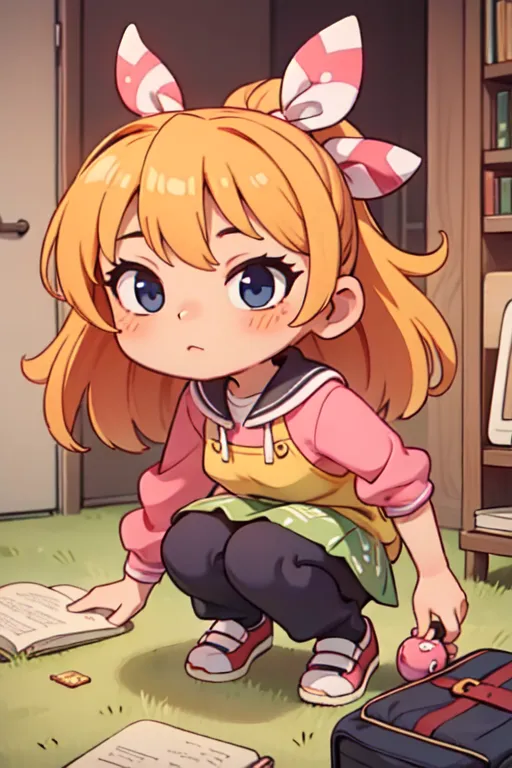 A cute chibi anime girl with blonde hair and blue eyes, wearing a pink shirt, green skirt and white headband on her head, is crouching down to pick up something from the floor in front of an open bookcase. She has two pigtails that have bows tied at one end. She is holding some papers and there's also her backpack beside her feet. The scene captures her adorable expression as if it was drawn in the style of a camera, which adds more details to its appearance. --ar 2:3