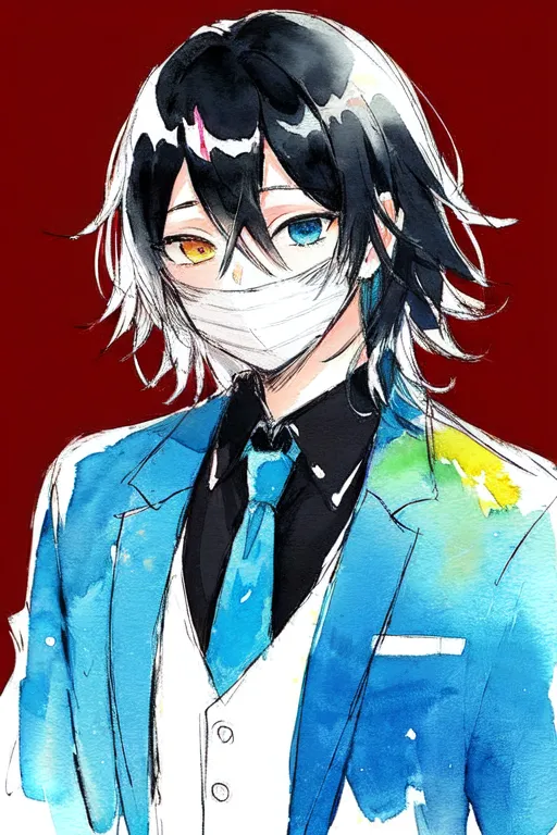 A cute anime boy with black hair and blue eyes, wearing a white mask covering his mouth and nose, and a light blue suit jacket, against a dark red background. The image has colorful ink wash paintings in the style of [Kawacy](https://goo.gl/search?artist%20Kawacy), with colorful cartoon watercolor illustrations using a black, gray, yellow, green, and purple palette against a light crimson red background, and dark blue. --ar 2:3