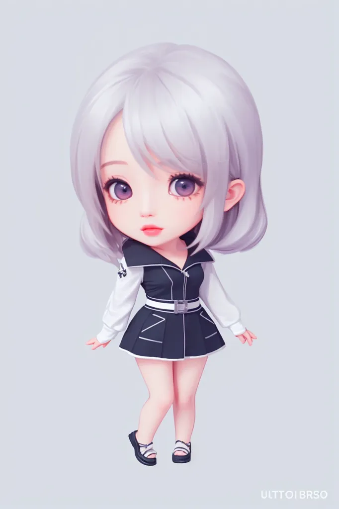 A cute girl with silver hair, in a chibi style, wearing a white long-sleeved shirt and black skirt, with an anime character design, on a white background, in a 3D rendered full body shot, standing pose, in a cute outfit. With a Kpop idol aesthetic, with professional lighting, like 2d game art. --ar 85:128