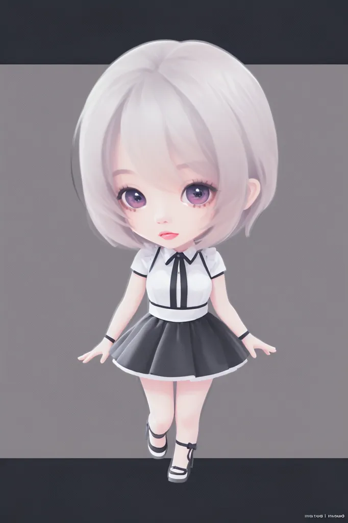 A cute girl with white hair, wearing a black and silver short skirt with a simple background in the chibi style in the style of Kawaii. A full body portrait from the front view with a game character design and 3D rendering in a cartoon style with simple details, a simple background, simple lines, solid color blocks and low saturation colors with soft lighting effects. --ar 85:128