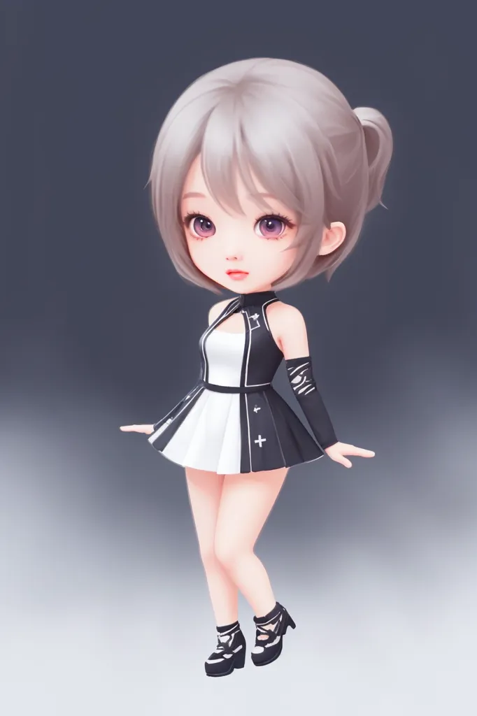 Cute girl, full body shot, short hair, black and white dress with silver decorations on the shoulders, Kpop style, anime art style, simple background, 3D rendering, chibi character design, high resolution, detailed, cute face, short gray hair, purple eyes, black shoes, smiling expression. The artwork would be in the style of chibi character design. --ar 85:128