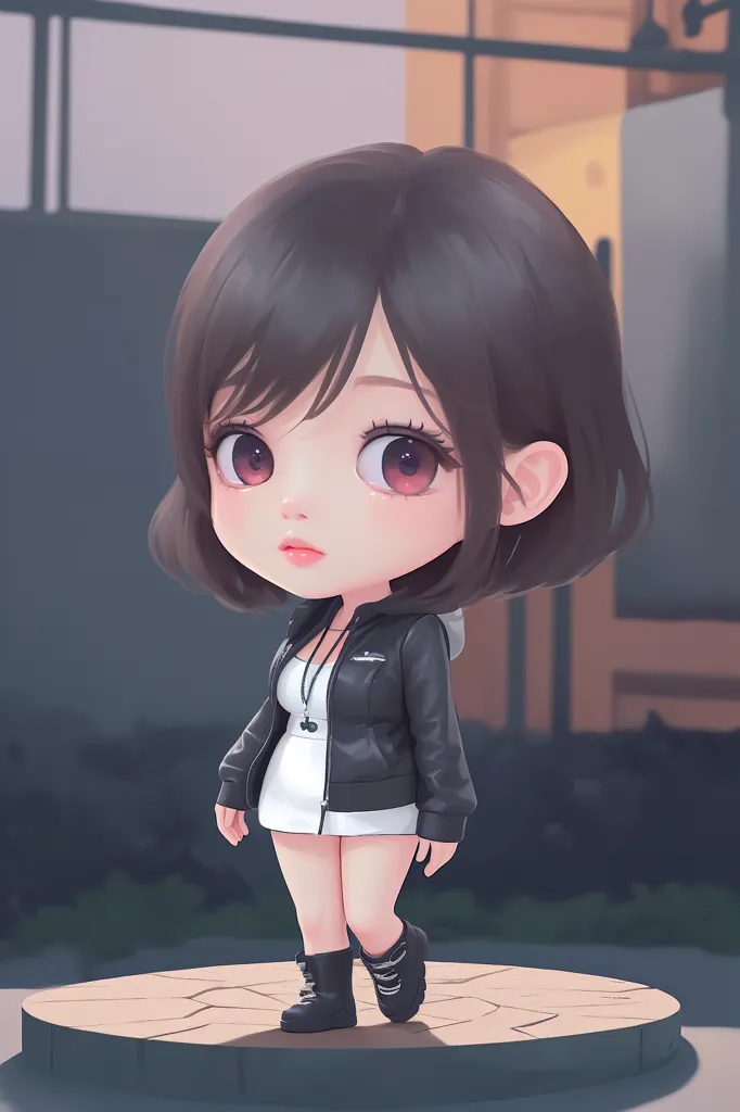 Chibi style, cute girl with short hair and brown eyes wearing black jacket white shirt and shorts standing on the platform, cartoon art style trending in CGSociety, flat design, 2d game art, anime aesthetic, zbrush character design --ar 85:128