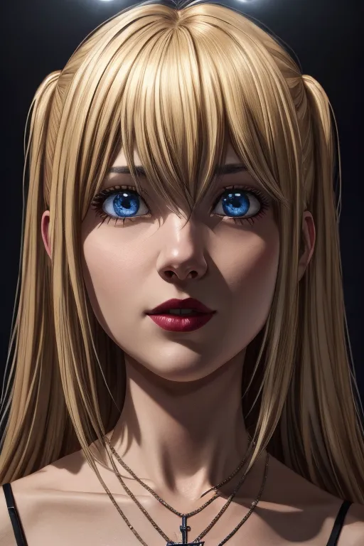 A pretty blonde woman with blue eyes, bangs and ponytail hair in the style of anime art. She is wearing a black tank top and has a cross necklace around her neck. The background lighting casts shadows on one side of her face, creating contrast between lightness and darkness. --ar 2:3