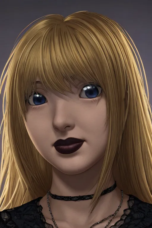 A blonde girl with bangs and blue eyes, dark lipstick in the style of an anime portrait. She has sharp facial features, wears black and is looking straight ahead at the camera. Her hair should be long and flowing, with subtle highlights to give her face depth. The background could include elements like shadows or soft lighting to enhance her character design. --ar 2:3