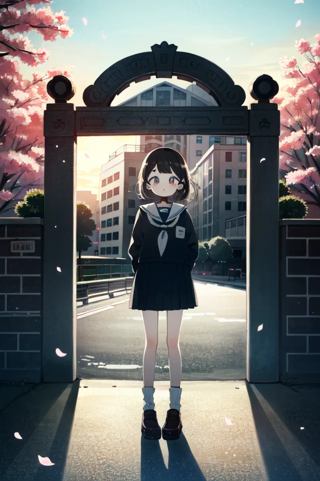 The anime, cute girl with black hair and school uniform standing in front of the gate to highend university building. The background is city buildings under cherry blossom trees, [Hayao Miyazaki](https://goo.gl/search?artist%20Hayao%20Miyazaki) style, [Makoto Shinkai](https://goo.gl/search?artist%20Makoto%20Shinkai) style, Makato Yamamoto movie, Makito Sui's animation character design, Hayatao Miyadzeyi manga illustration, Makato Hikawa manga art style, Makeyeel Anime, 2D animation style, Hayao Miyasli, Miyashi anime, Hay circle z Szill placed on top of entrance arch. --ar 2:3