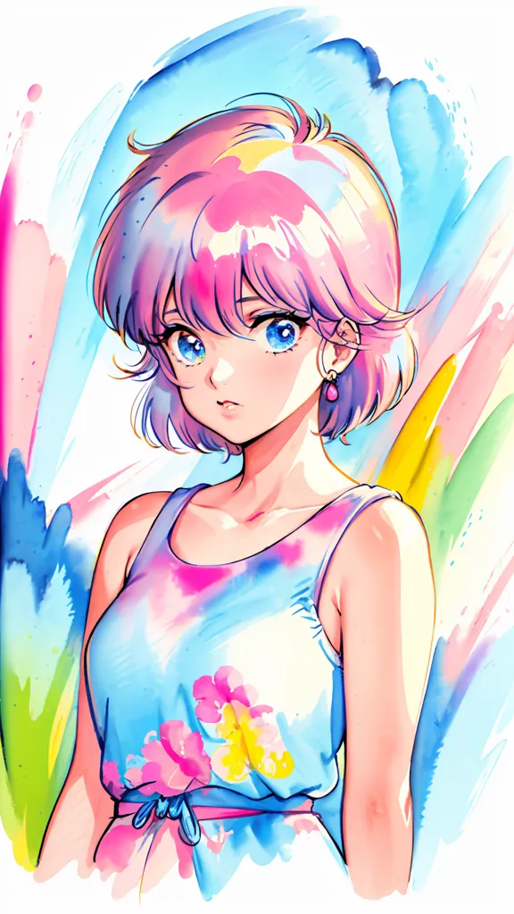 A cute colorful manga girl with short hair in pastel colors, wearing a summer dress and looking at the camera, in a handdrawn style with rough edges and sketchlike appearance. The background is an abstract watercolor painting of rainbow colors, featuring soft lines and gentle gradients. This artwork was created in the style of [Hayao Miyazaki](https://goo.gl/search?artist%20Hayao%20Miyazaki). It has vibrant colors and bright hues. --ar 9:16