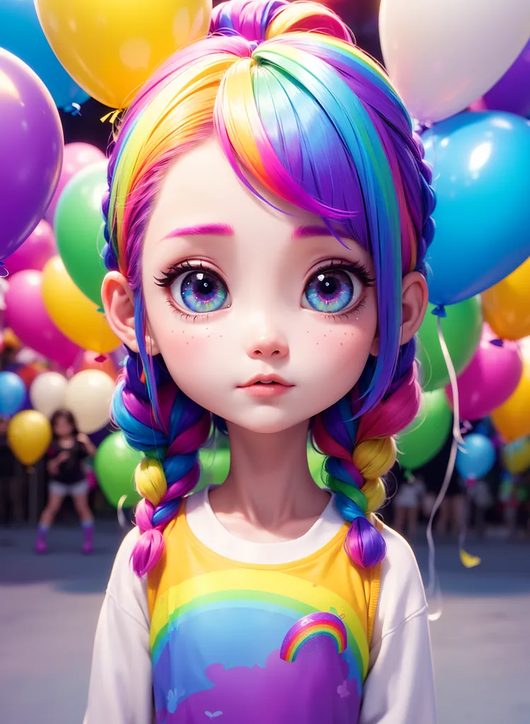 A cute little girl with rainbow hair, wearing colorful balloons and t-shirts, in the style of Disney, in a chibi anime character style, with big eyes, a beautiful face, high resolution, high quality, high detail, a happy smile, a colorful background, bright colors, colorful lights, a lively street scene, closeup, a full body portrait, a cheerful mood, a fantasy world, high definition, high details, professional photography, depth of field, a wide-angle lens, daytime lighting, natural light, soft shadows, vibrant color tones. --ar 93:128