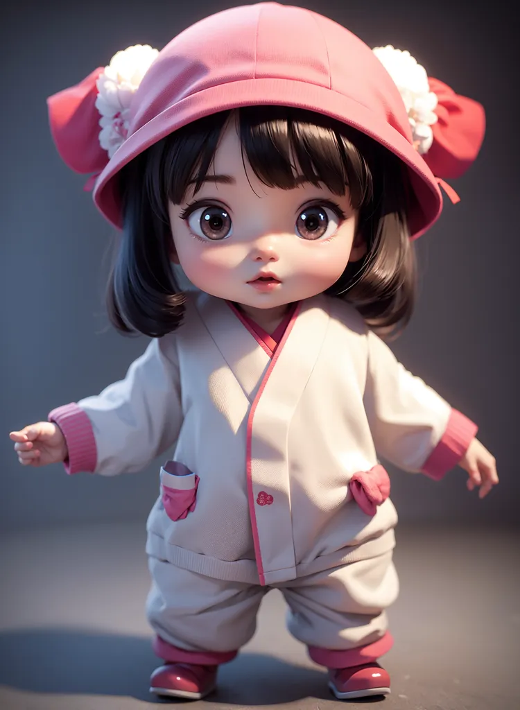 A cute Chinese girl wearing white pajamas and pink shoes, with black hair, big eyes, and a smiling expression. She has a hat on her head, and is portrayed in a full body portrait. The design is in the blind box style doll design, with a clean background. The rendering was done in C4D with the OC renderer, featuring high detail. She is placed against a solid color background, in the style of blindbox toy art. The image has a 3D cartoon rendering effect. --ar 93:128