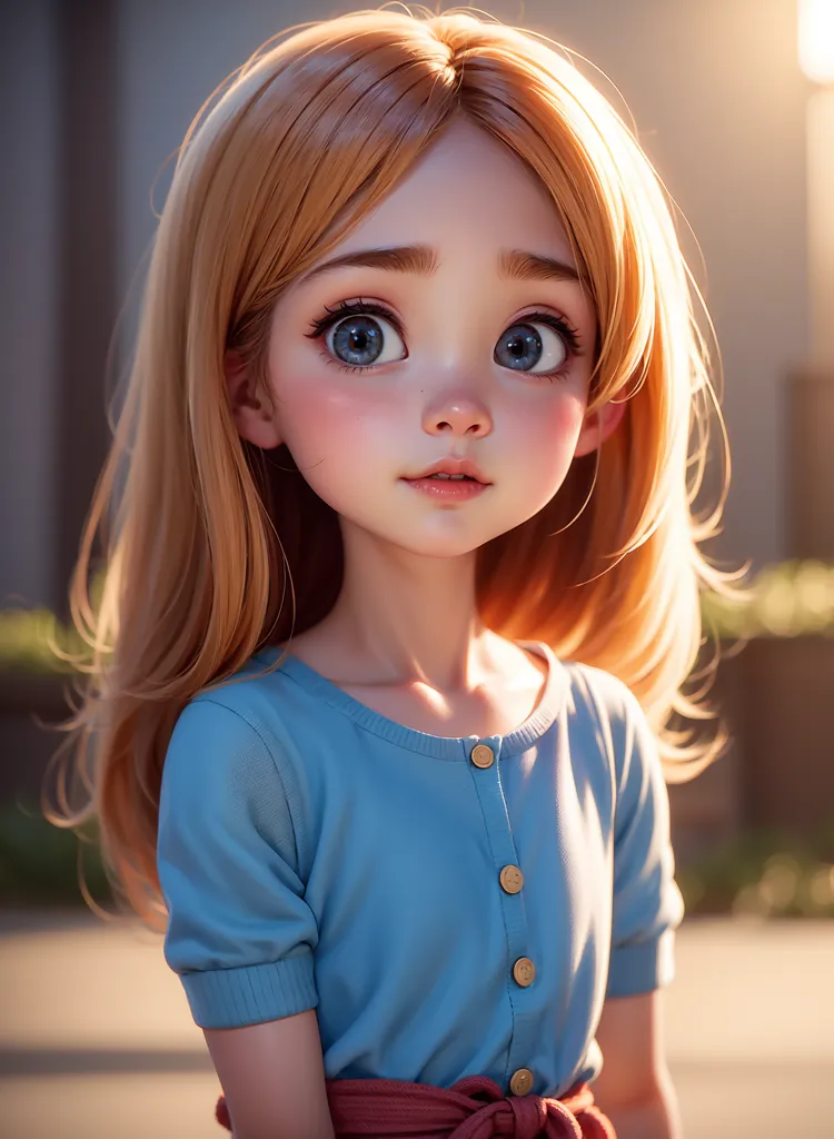 A cute little girl with big eyes, wearing a blue top and red skirt, with long golden hair, a big round face, long eyelashes, delicate facial features, smiling, standing on the street in soft light and warm colors, in the style of Pixar, like a Disney cartoon character, with a zbrush rendering that is super detailed, super realistic, and super high definition. --ar 93:128