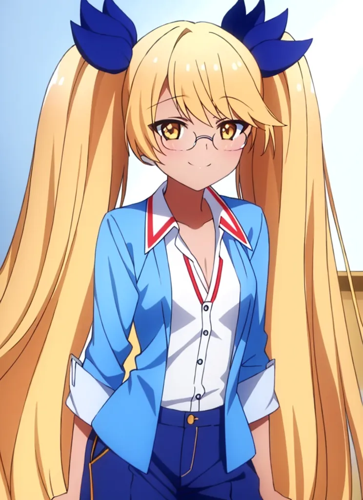 A blonde girl with long hair in the style of an anime, wearing a blue and white blazer uniform, a red collar shirt underneath, navy pants, glasses, a small ponytail hairstyle, yellow eyes, a smiling expression, anime aesthetic in the style of [Makoto Shinkai](https://goo.gl/search?artist%20Makoto%20Shinkai). --ar 93:128