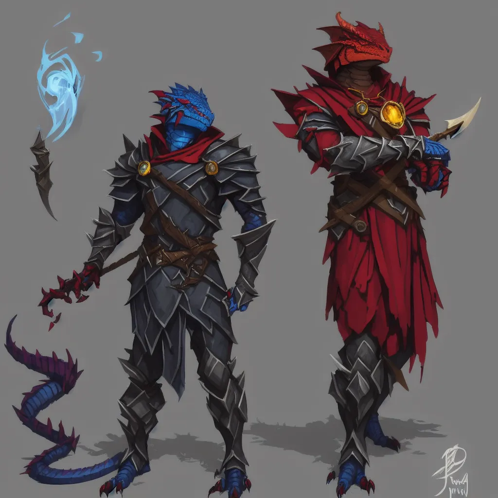 Two dragonborn from Dungeons and Dragons, the first is blue with black scales wearing red armor. He has long thin horns that glow light blue and in his hands has a small dagger. The second has a body that looks like an azure lizard's head covered in crimson leather, they wear dark grey plate armor in the style of concept art. 