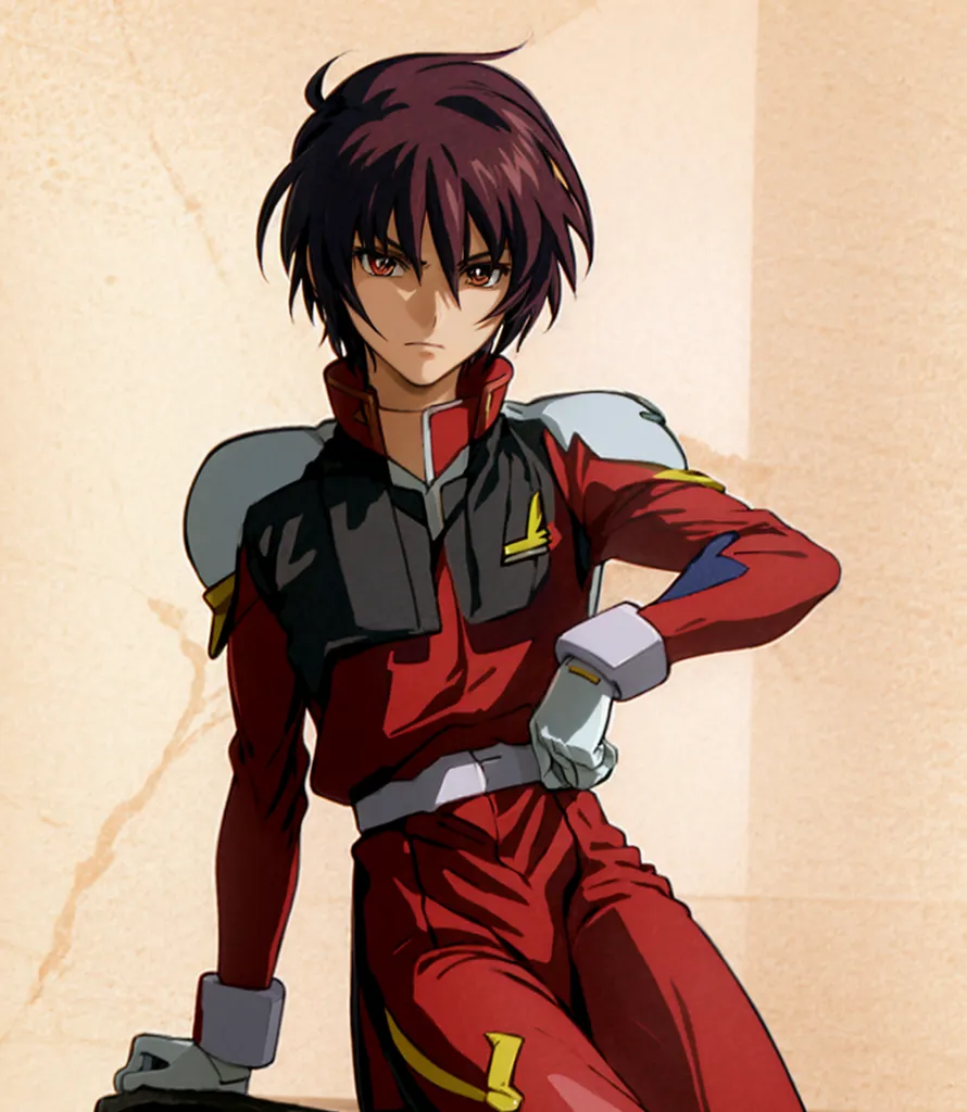 Anime stills in the style of [Makoto Shinkai](https://goo.gl/search?artist%20Makoto%20Shinkai)'s color cartoon animation, with dark red and yellow tones. The still shows a young man with short black hair wearing full-body red high-tech battle armor. The character has fierce eyes, holding his hands on one side, standing tall and straight showing confidence. He wears gloves with white lines running down to each fingertip. The background includes a beige wall with light orange and light green tones. A full-length portrait in anime style. --ar 111:128