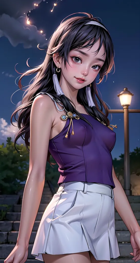 A Chinese beauty with long hair, wearing a purple top and white skirt, with a smiling expression, against a night background, in an outdoor street scene, in the style of [Makoto Shinkai](https://goo.gl/search?artist%20Makoto%20Shinkai), in a colorful cartoon style, in the style of traditional animation, in a style reminiscent of rural horror comic books, in an expressive comics style. --ar 17:32