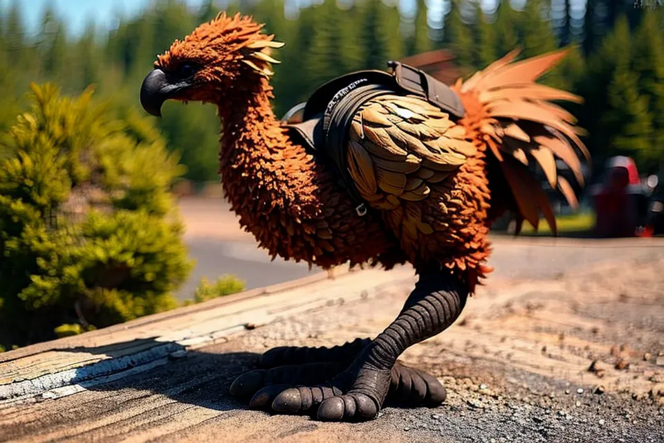 A photo of the full body of an anthropomorphic phoenix bird with feathers made from rust-colored scales wearing black armor and helmet standing on one leg, he is ready to take off in a car wash parking lot in Port Ak organized by american road commercial company for cars near Lake Tahoe forest trees, shot at midday, depth of field, photorealistic in the style of Canon EOS, --ar 3:2