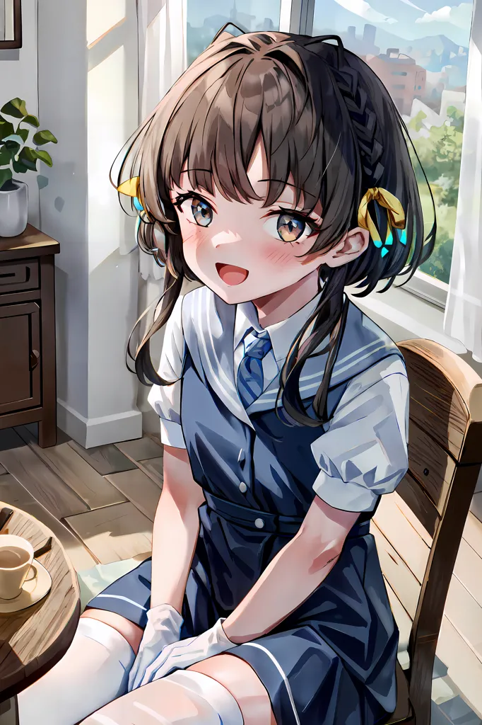 Cute anime schoolgirl in a navy blue and white dress, sitting on a wooden chair at a table with a coffee cup, having a happy expression, brown hair with bangs tied to one side, yellow ribbons in her ponytail, a light window background showing a cityscape outside the room, a cozy interior setting with a small potted plant near some kitchen cabinets, warm sunlight streaming through the window. --ar 85:128