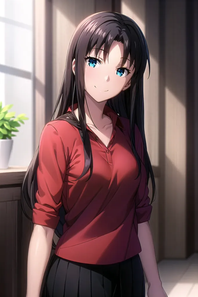 Cute anime girl with long dark hair and blue eyes wearing a red polo shirt and black skirt, smiling at the camera, standing in a room, in the style of [Makoto Shinkai](https://goo.gl/search?artist%20Makoto%20Shinkai) animation. --ar 85:128