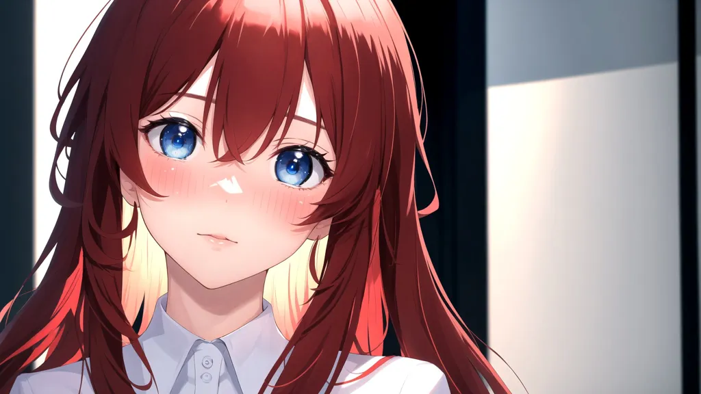 The anime features a beautiful girl with long red hair and blue eyes wearing a white high school uniform. She is smiling at the camera from multiple angles of her face, including closeup shots and headshot portraits. The masterpieces are in ultrahigh definition detail. The anime aesthetic style is in the style of [Makoto Shinkai](https://goo.gl/search?artist%20Makoto%20Shinkai)'s manga art with 2D flat animation. The background features modern office buildings with bright lighting, high resolution, and rich colors. --ar 16:9