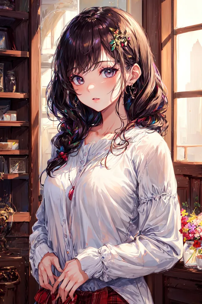 The anime character, a cute girl with black curly hair and colorful flowers in her bangs, is wearing a long sleeved white shirt and red plaid skirt, standing inside the store, smiling at me. With an anime style character design, the painting works have delicate lines and high details, colorful cartoon characters, simple backgrounds, in the style of [Makoto Shinkai](https://goo.gl/search?artist%20Makoto%20Shinkai)'s ultrahigh resolution photography style. --ar 85:128