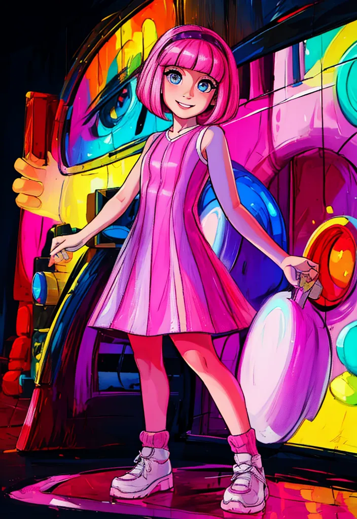 In the style of [Katsuhiro Otomo](https://goo.gl/search?artist%20Katsuhiro%20Otomo), an illustration of a cute girl with pink hair and blue eyes wearing a short poodle dress holding a giant toy shield in front of a colorful retrofuturistic neon laundromat. A full body portrait drawn in bright colors with flat shading and simple lines for clean line art in a vector artwork style with celshading and a pastel color palette. --ar 11:16