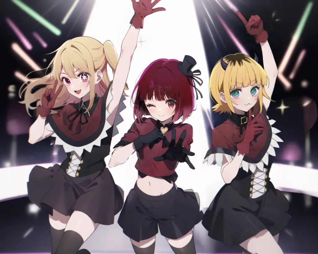 Cute anime girls in an idol group, wearing black and maroon outfits with red gloves on their hands as they dance under the spotlight of stage lights. They have different hair colors – one blonde, another light blonde, while there is also one girl who has dark brown bob cut hair. The background features black stage lighting and white spotlights, creating a dynamic atmosphere that highlights each member's unique style and energy, focusing on their faces. --ar 64:51