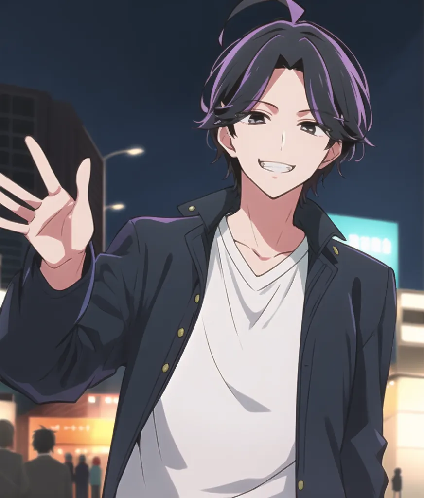 Anime in the style of Shinkai Makoto, with a dark light color scheme, shows an anime man with black hair and purple highlights waving happily at the camera in front of downtown street lights. He wears a white T-shirt under his jacket, with a smiling expression on his face in an upper body closeup. He has delicate facial features and a handsome appearance, with three-dimensional lips. --ar 109:128