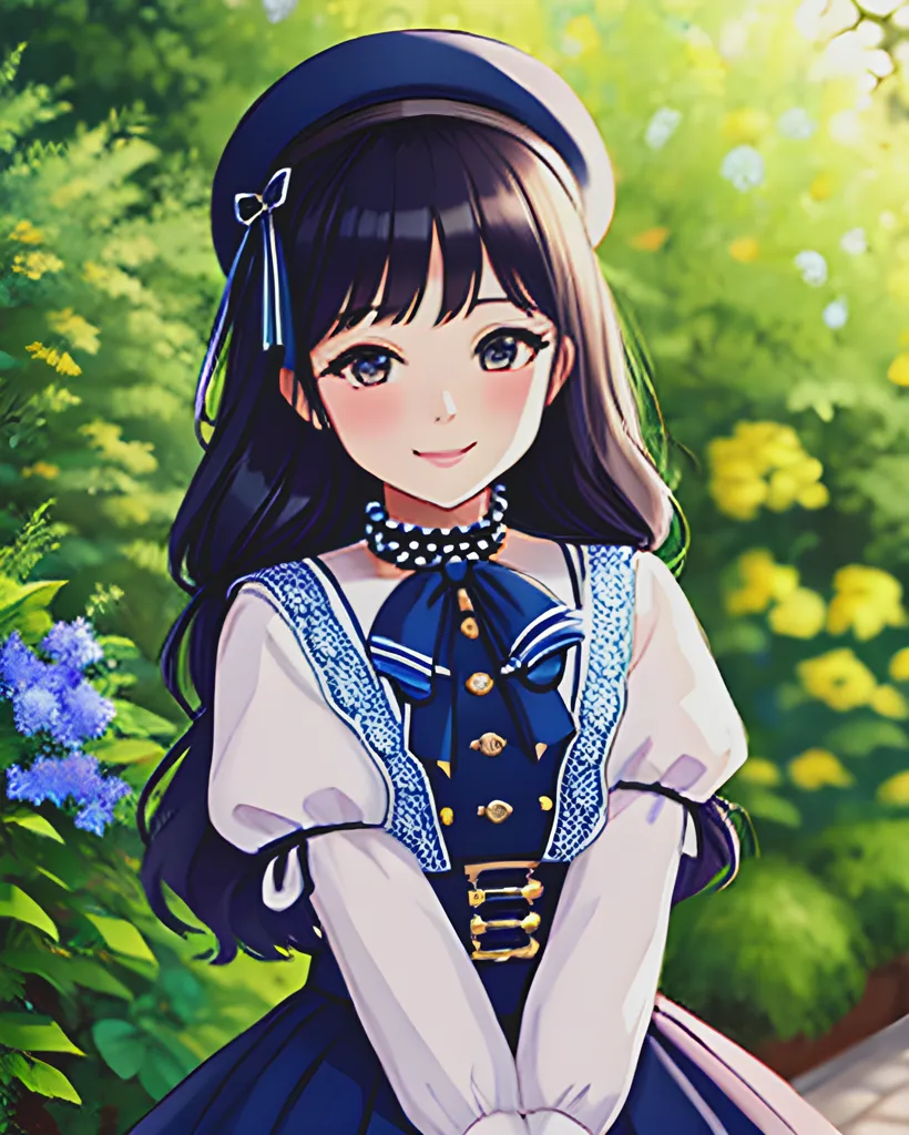 A beautiful anime girl with dark hair, wearing a navy blue and white sailor uniform outfit in the style of jk rowe as an adorable high school student, smiling, posing for a photo, wearing a beret, standing on a garden path, surrounded by flowers, in a full body portrait, fantasy art artwork, with a cute face, big eyes, big smile, as an anime illustration, 2D, manga, with detailed facial features, a detailed black long straight hairstyle, detailed fingers, detailed hands, detailed , a detailed collarbone, and a detailed neck. --ar 51:64