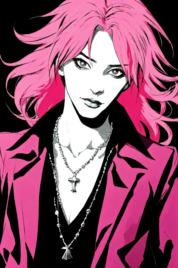 Vivid pink hair, fierce expression, black and white line drawing of the anime character with dark circles under his eyes, wearing an oversized blazer in shades of magenta and scarlet, adorned with silver necklaces, against a solid background. in the style of [Sui Ishida](https://goo.gl/search?artist%20Sui%20Ishida). Minimalist style. High contrast color manga. Black outline cartoon. --ar 85:128