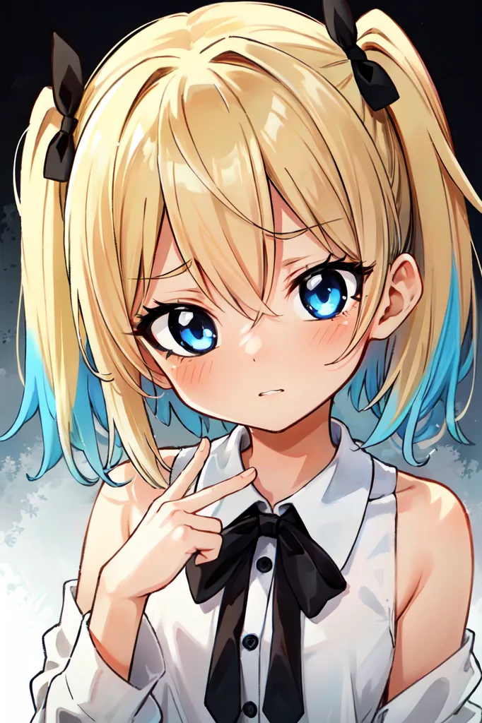 Anime girl with blue eyes and blond hair in two ponytails tied with black bows, white shirt, bow tie around her neck, smiling expression, one finger pointed to the viewer, headshot showing her upper body in the style of [Makoto Shinkai](https://goo.gl/search?artist%20Makoto%20Shinkai). --ar 85:128