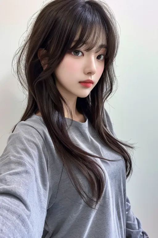 A beautiful Chinese girl with long hair, bangs and fringe wearing gray sweatshirt taking selfie in the style of light silver color scheme, oshare kei, charming anime characters, meticulous brushwork, oshare kei, wavy long bob cut brown straight hair --ar 2:3