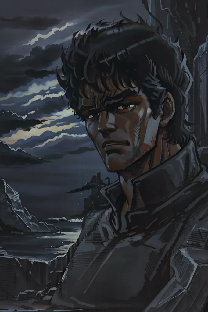 Berserk, in the anime art style of [Kentaro Miura](https://goo.gl/search?artist%20Kentaro%20Miura), a berserker in dark grey armor, with short black hair, against a dark night background, with dark clouds and mountains on the horizon, in a close up shot of the face, as a detailed illustration, within a dark fantasy setting, in the style of hand drawn animation, hand colored, with flat colors, and ink outlines, in a 2D style, as fantasy artwork, resembling an 80s anime still, with a cinematic composition, and a muted color palette. --ar 85:128