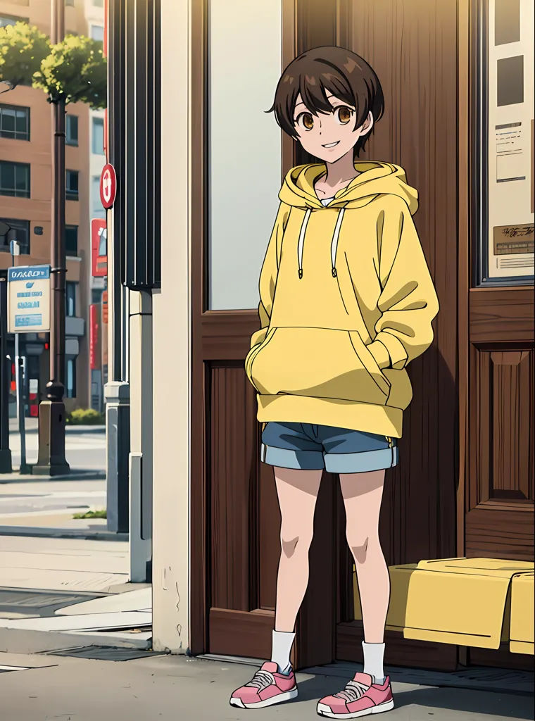 A full body shot of an anime woman wearing shorts and pink shoes. She is smiling with brown eyes. She has short hair in a bob cut hairstyle and wears a yellow hoodie. The background shows a city street. The scene is depicted in the style of [Makoto Shinkai](https://goo.gl/search?artist%20Makoto%20Shinkai). The style should be anime cartoon and cinematic. --ar 95:128