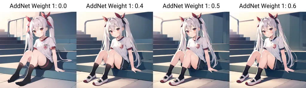 4 panels with the same cute anime girl sitting on stairs, white hair and red eyes, wearing school uniform and black shoes, the character is smiling, different angles of her legs, add weight to "Ad(lhshoverZ torus Convert" title at top left corner, with each panel showing more leg closeup and animation style, by [Akira Toriyama](https://goo.gl/search?artist%20Akira%20Toriyama), simple background, vibrant colors, high resolution, --ar 128: 37