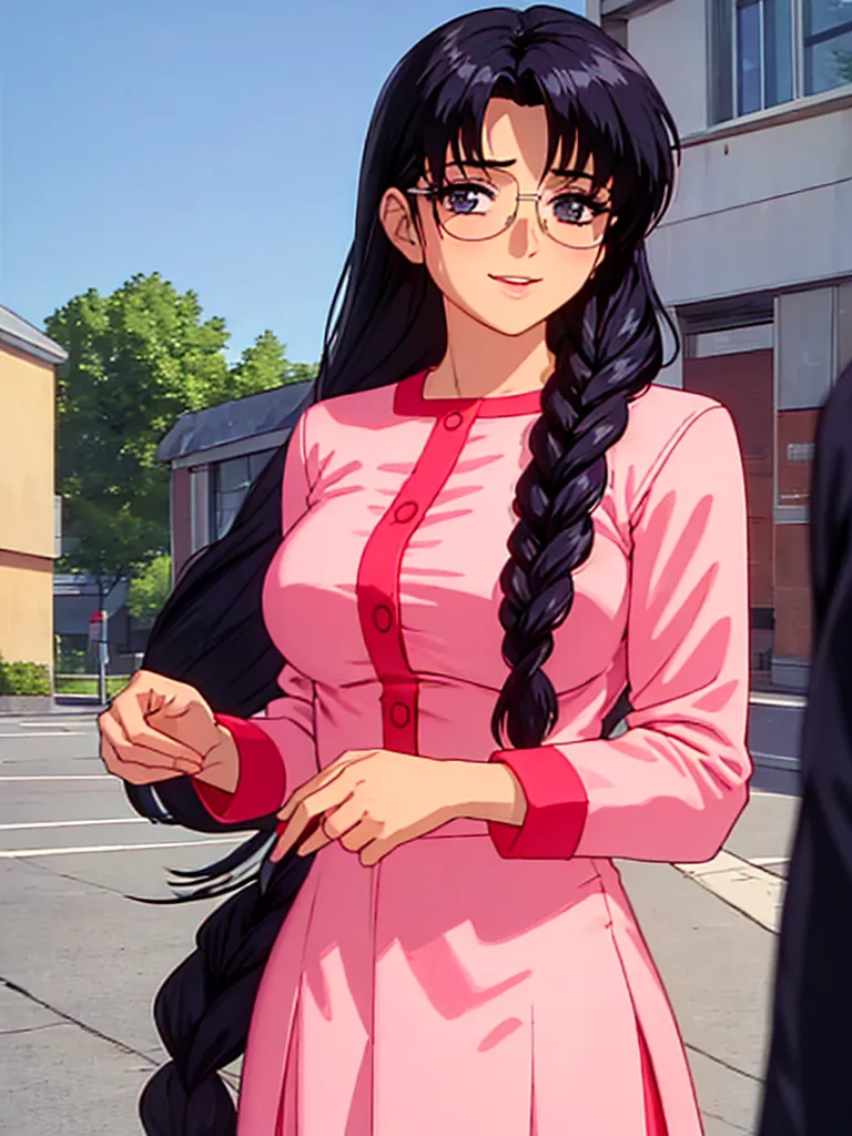 The anime features a beautiful woman with long black hair and glasses wearing a pink red dress, standing on the street talking to someone in the retro animation style. The style is similar to Shinkai Makoto's manga works, with colorful cartoon characters and a high-end color scheme. The simple background features school buildings in the style of [Hayao Miyazaki](https://goo.gl/search?artist%20Hayao%20Miyazaki)'s anime. The high definition picture quality shows exquisite facial features and clear details in the full body portrait. An aerial perspective is used with a wide-angle lens. --ar 3:4