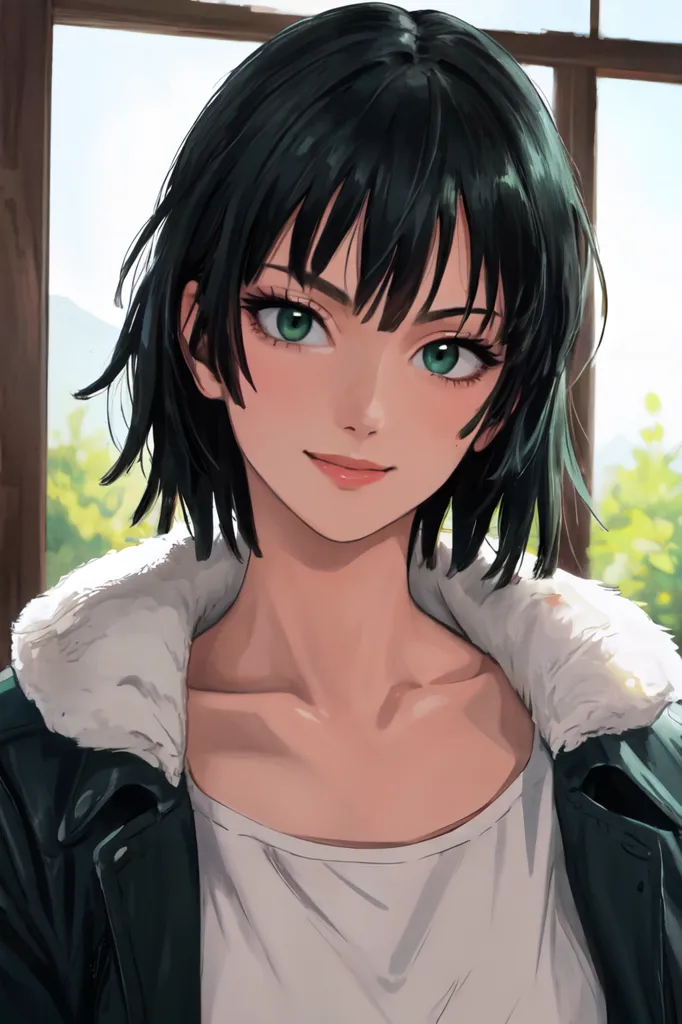 Cute girl with black hair and green eyes, short bob haircut, casual , portrait, anime style, window background, soft lighting, in the style of [Makoto Shinkai](https://goo.gl/search?artist%20Makoto%20Shinkai), light gray color scheme. --ar 85:128