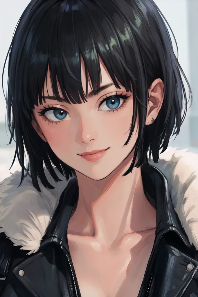 Black hair, blue eyes, cute girl with short black bob cut hairstyle wearing leather vest, in the style of anime, in the style of Japanese manga, in the style of anime art style, official character artwork portrait, anime aesthetic --ar 85:128