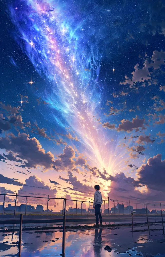 A man standing on the ground looking up at blue and purple clouds in the sky, city skyline far away, in the style of anime, colorful galaxy in background, glowing light coming out of his head like an aura, rainbow colored stars, water reflections, evening, in the style of anime art, trending on pixiv fanbox, in the styles of [Atey Ghailan](https://goo.gl/search?artist%20Atey%20Ghailan), [Junji Ito](https://goo.gl/search?artist%20Junji%20Ito), Katsuya Oda, [Moebius](https://goo.gl/search?artist%20Moebius), [Akihiko Yoshida](https://goo.gl/search?artist%20Akihiko%20Yoshida), [Kentaro Miura](https://goo.gl/search?artist%20Kentaro%20Miura), [Makoto Shinkai](https://goo.gl/search?artist%20Makoto%20Shinkai), high detail. --ar 41:64